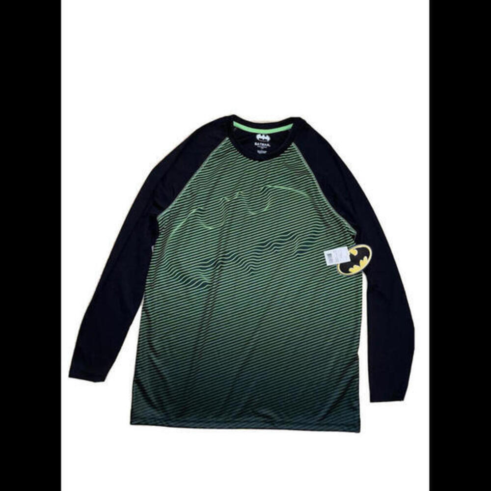 Batman Long Sleeve 100% Polyester Size L- Tee Shirt Green &‎ Black Striped Logo